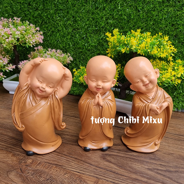 Bộ 03 tượng chú tiểu an nhiên, chú tiểu yêu đời màu áo nâu 16.5cm